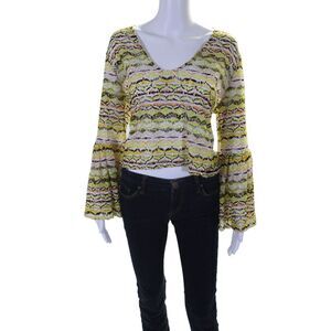 Julian Chang Womens Crochet Sheer Long Sleeve V-neck Blouse Yellow Size M